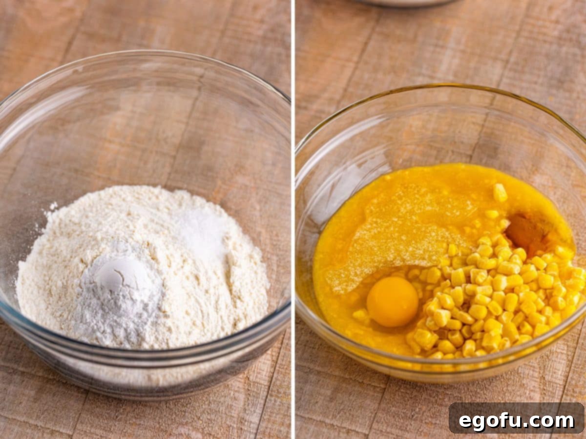 Sweet Corn Fritters 5 Two bowls: one with the dry ingredients (flour, baking powder, salt) and another with the wet ingredients (cream-style corn, egg, honey, butter) for Corn Fritter batter.