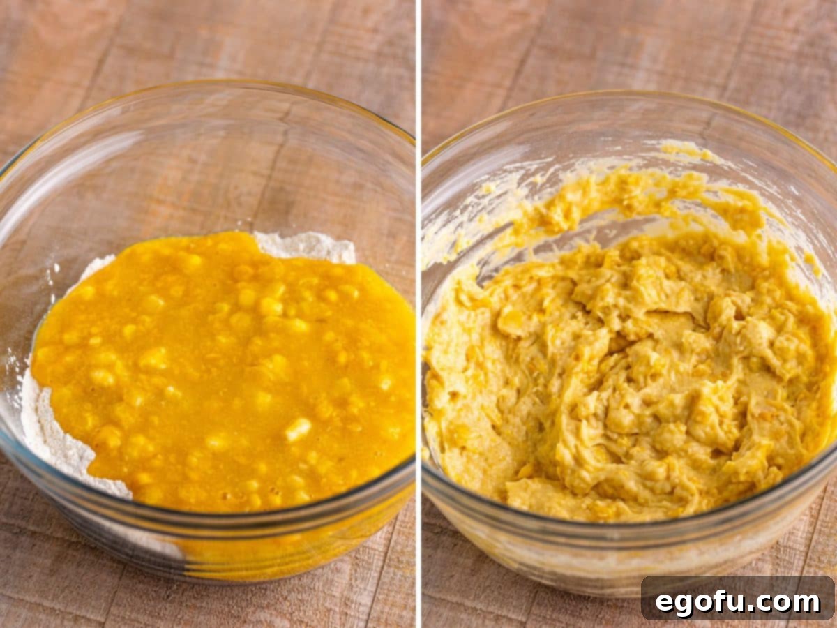 Sweet Corn Fritters 6 A two-part image: the wet fritter batter ingredients being poured over the dry ingredients, and a second image showing the fully mixed fritter batter in a bowl, ready for frying.