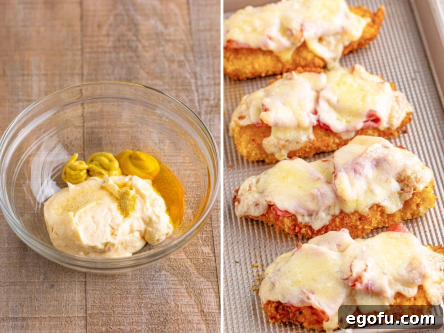 California Stuffed Chicken 11 A bowl with the sauce ingredients and some coated chicken with ham and melted cheese.