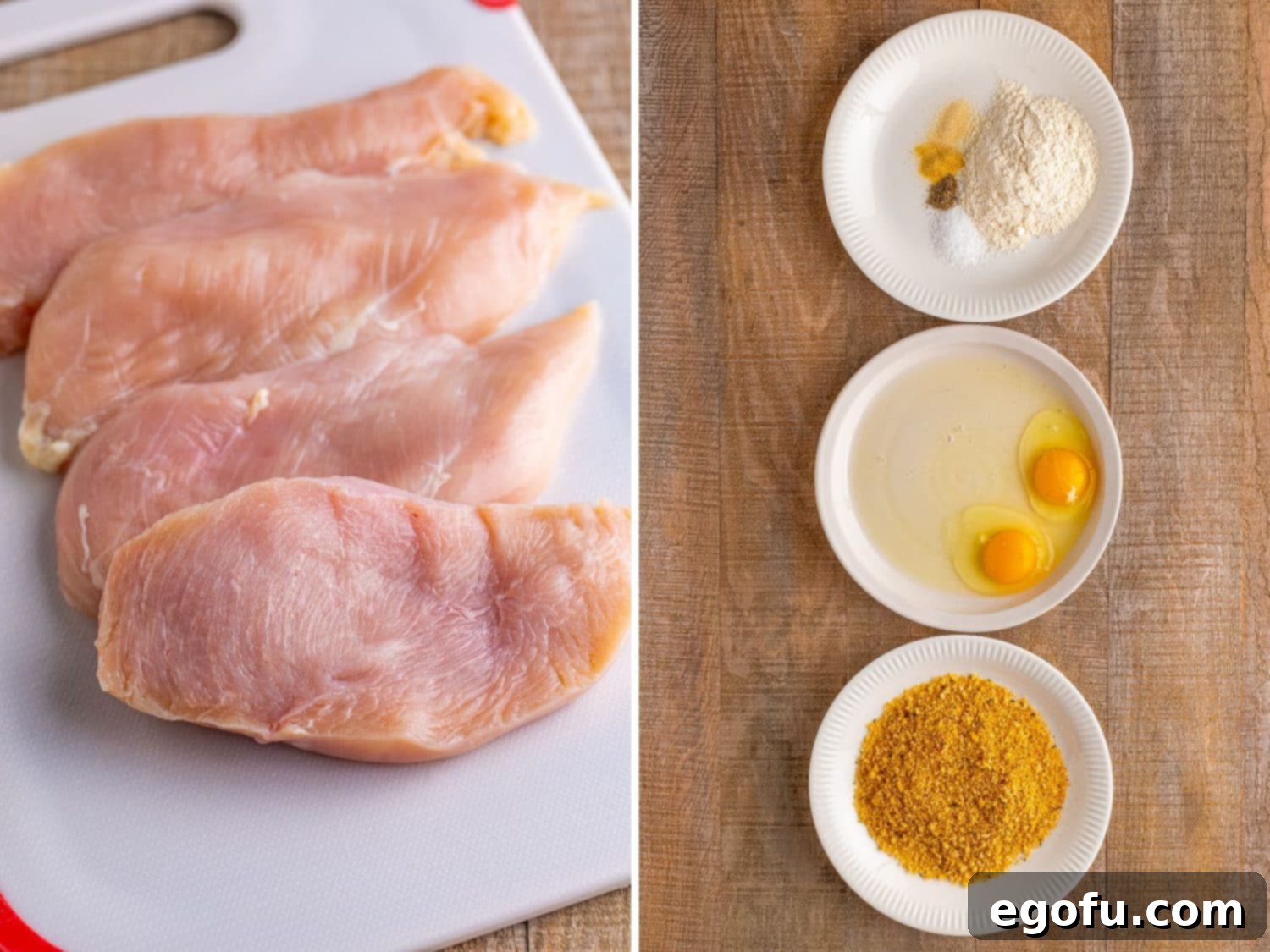 California Stuffed Chicken 5 Sliced chicken breasts and three dredging plates with flour mixture, egg mixture and breadcrumb mixtures.