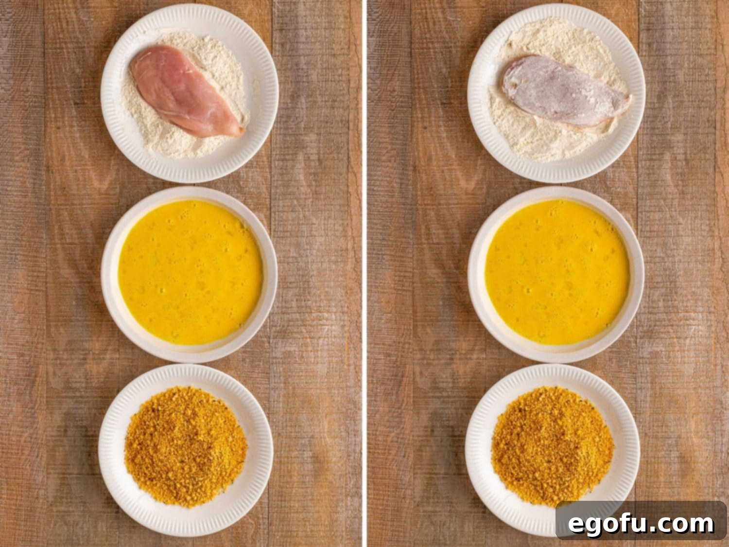 California Stuffed Chicken 6 A piece of chicken in a flour coating on a plate and it being flipped onto the other side to get coated.