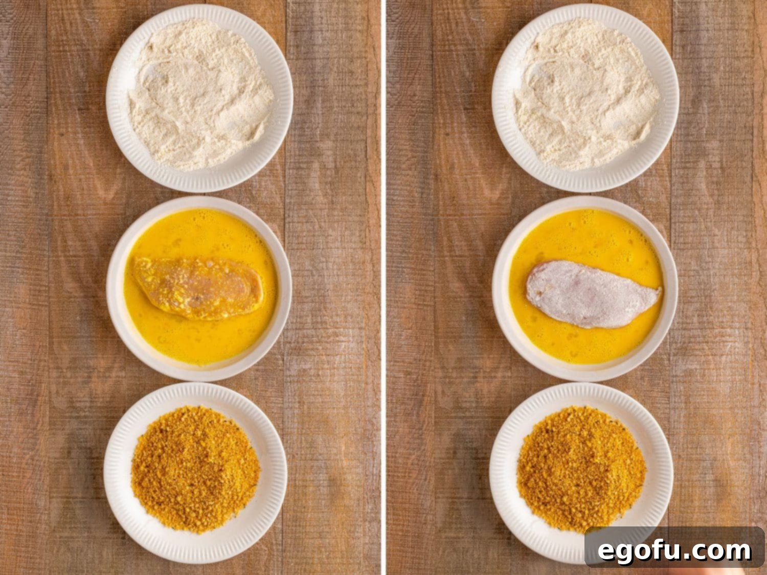 California Stuffed Chicken 7 A piece of chicken in an egg mixture and it flipped into it again.