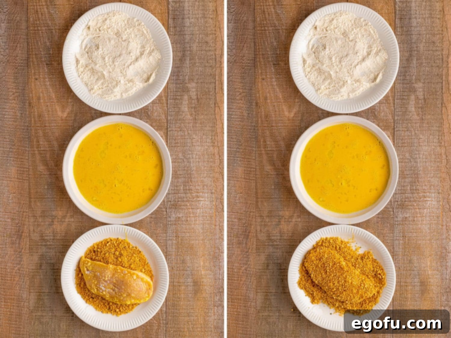 California Stuffed Chicken 8 A piece of chicken in a breadcrumb mixture and flipped onto another plate.