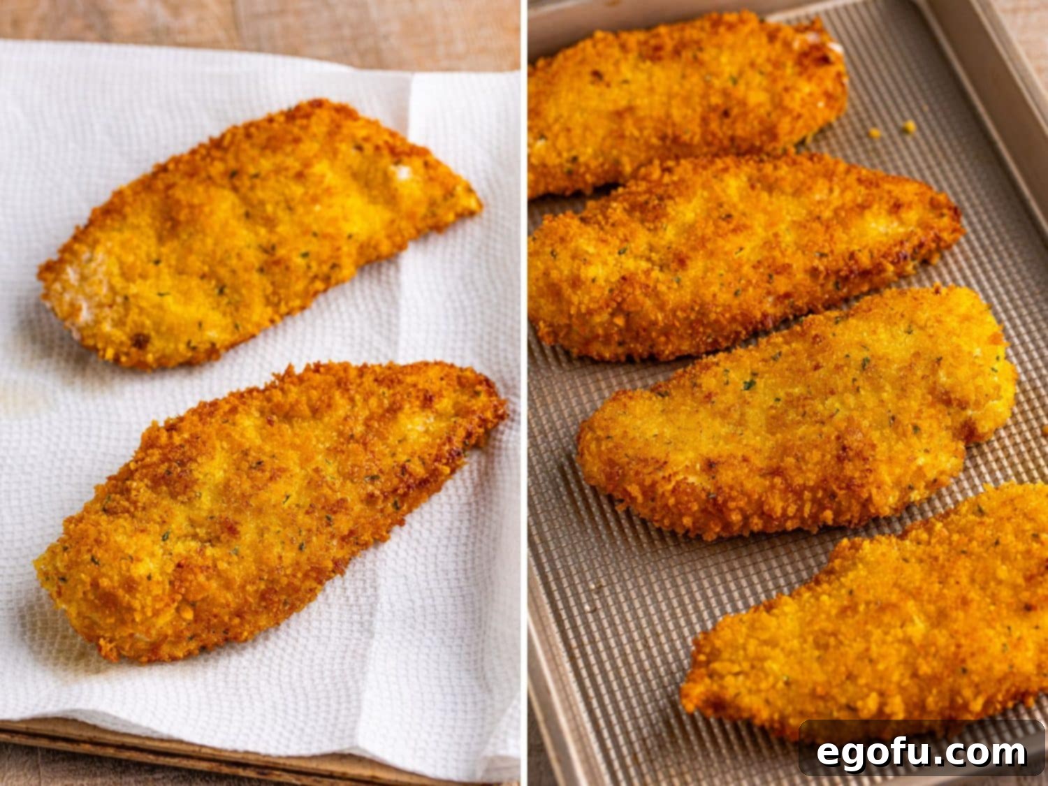 California Stuffed Chicken 9 Cooked chicken on paper towels and cooked chicken on a wire rack.