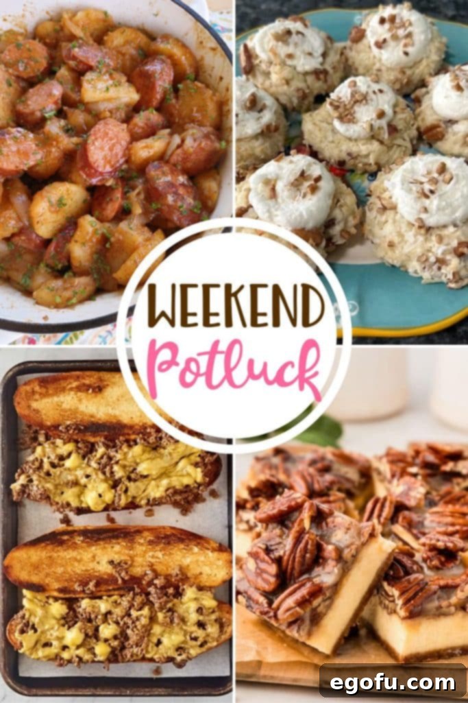 Weekend Potluck featured recipes include: Pecan Pie Cheesecake Bars, Chopped Cheese Sandwich, Italian Cream Cake Cookies and Potato Goulash with Sausage. A vibrant display of diverse culinary creations.