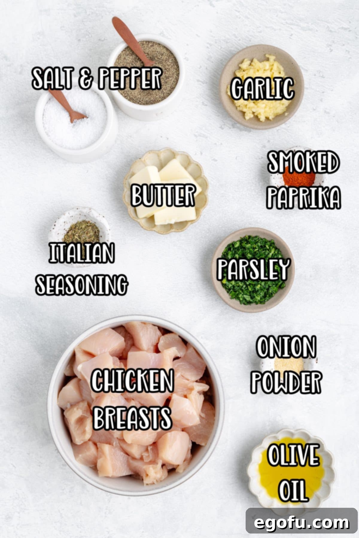 Chicken breasts, olive oil, garlic, smoked paprika, salt and pepper, Italian seasoning, butter, onion powder ,and parsley.