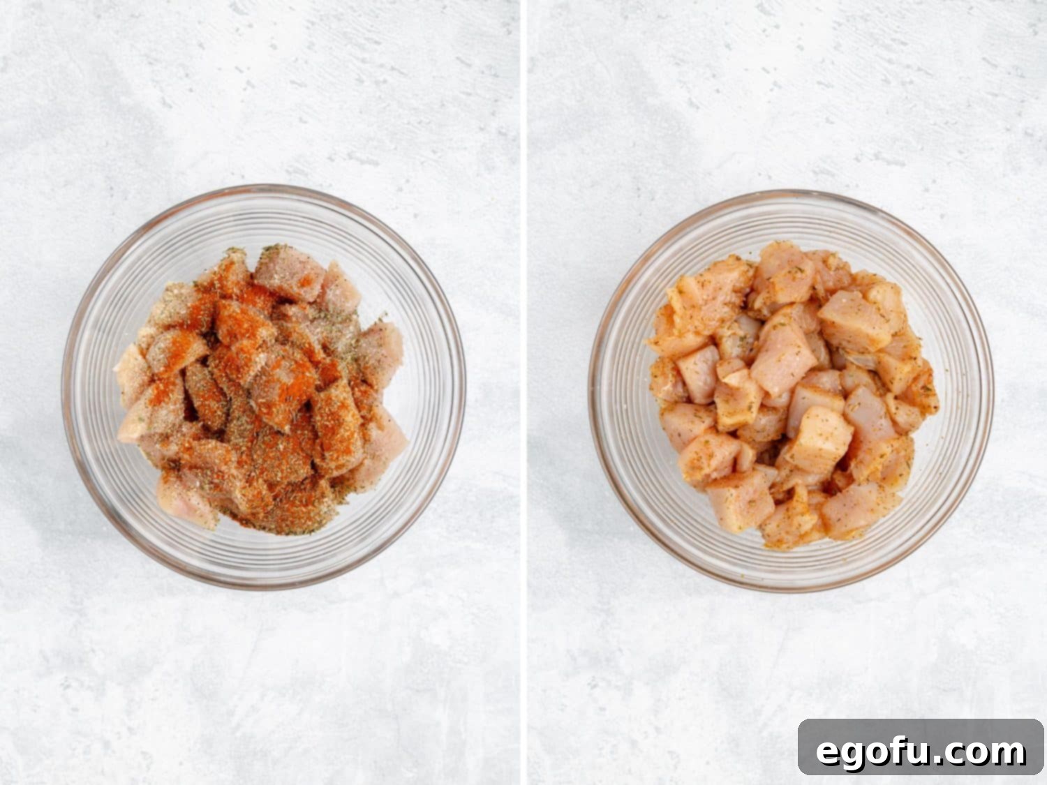 A bowl of chicken breast pieces with Italian seasoning, smoked paprika, onion powder, salt, and pepper and a bowl with seasoned chicken.