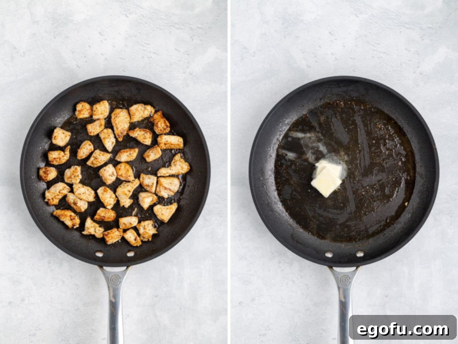 Cooked chicken in a skillet and a skillet with melting butter.
