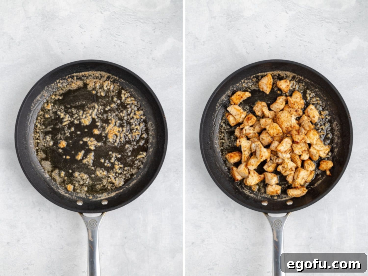 A skillet with garlic butter and a skillet with butter, garlic, and chicken.