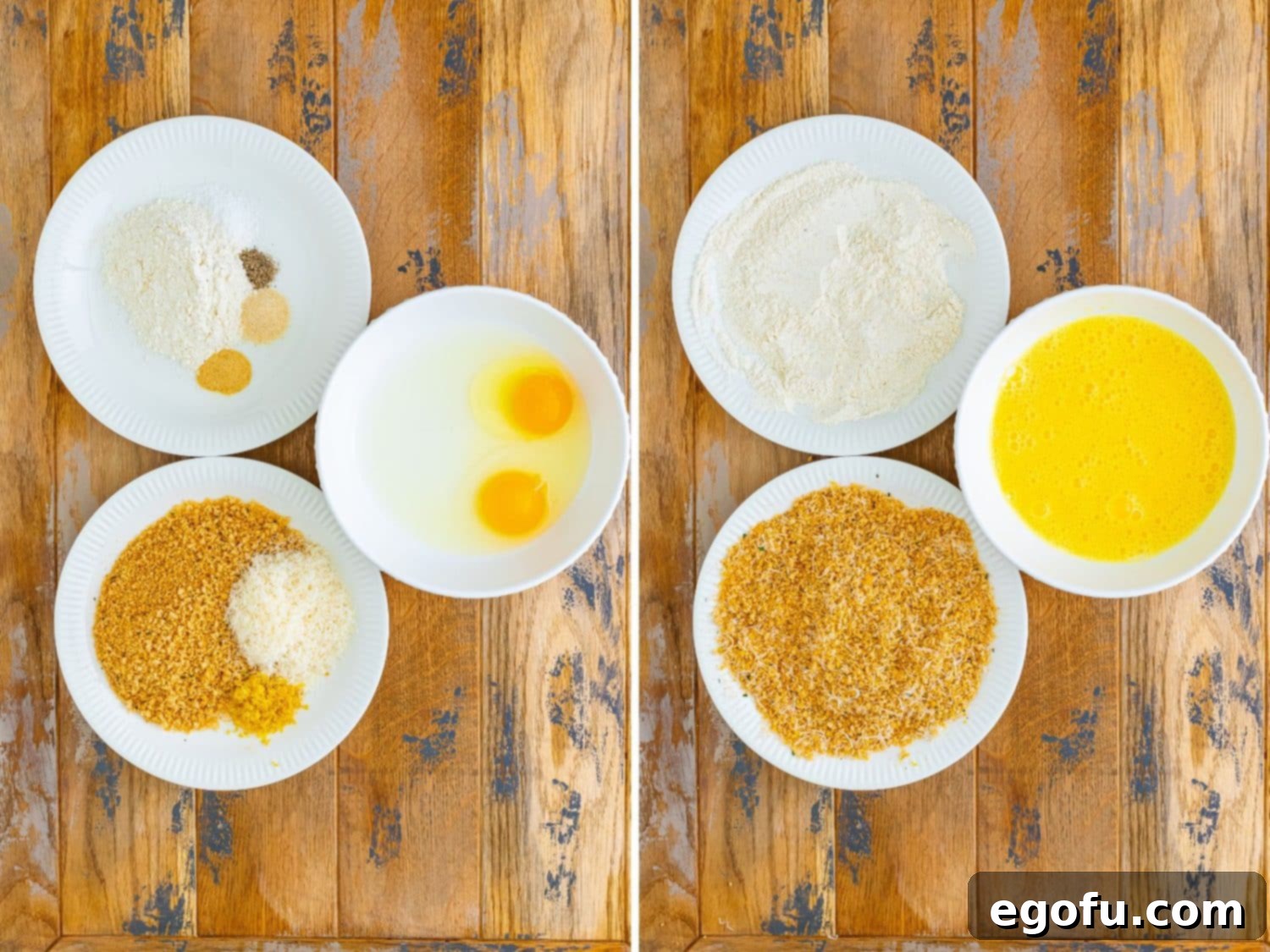 Three shallow bowls demonstrating the prepared breading stations: one contains seasoned flour, another holds whisked egg wash, and the third presents Italian Panko breadcrumbs mixed with lemon zest and Parmesan cheese, arranged for efficient coating.
