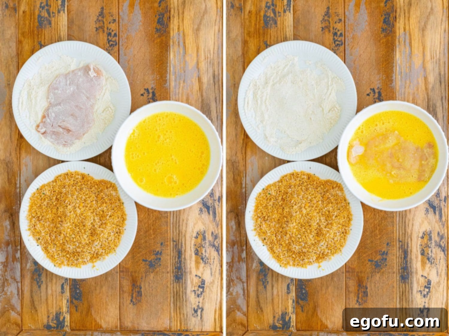 A thin chicken breast being carefully coated in a bowl of seasoned all-purpose flour, ensuring an even layer.