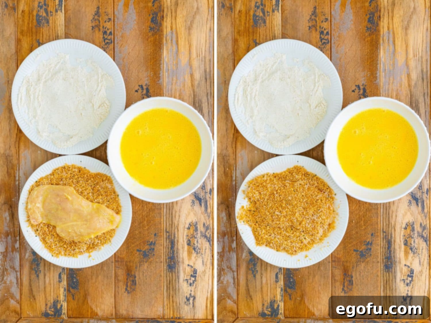 A slice of chicken being thoroughly coated in the Panko breadcrumb, lemon zest, and Parmesan cheese mixture, with crumbs being gently pressed onto the surface.