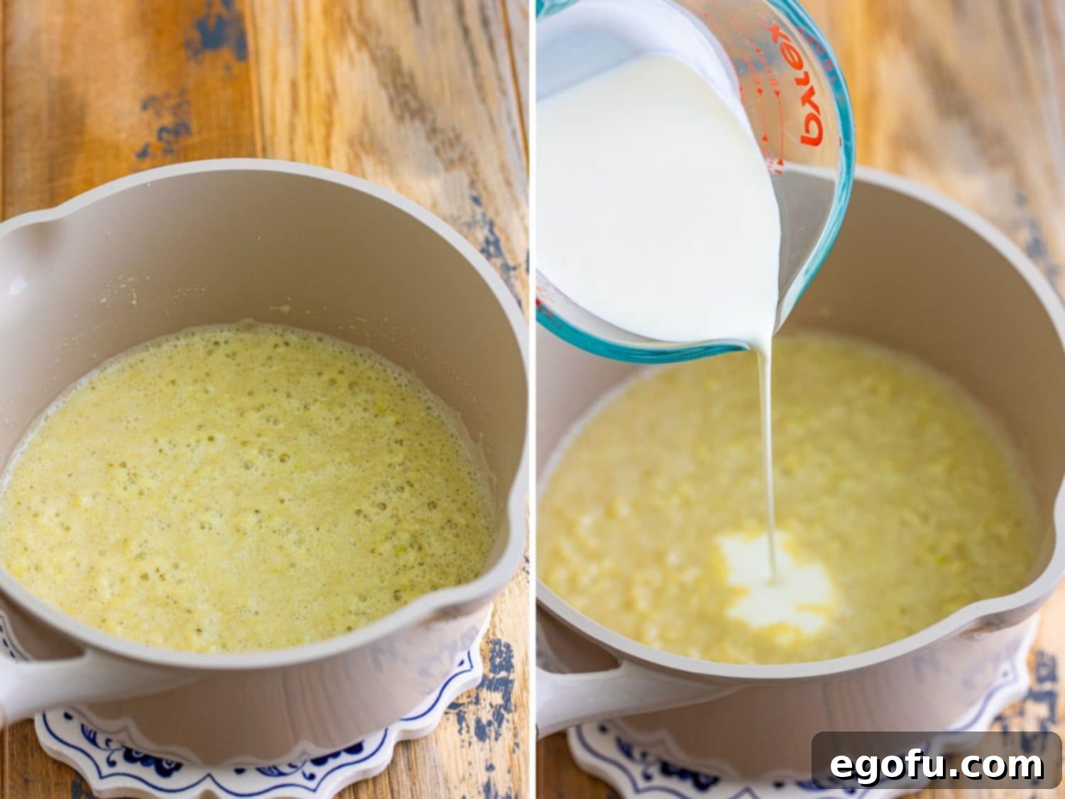 Melted butter and flour expertly forming a smooth roux in a saucepan, followed by the slow, continuous addition of heavy cream to begin the sauce base.