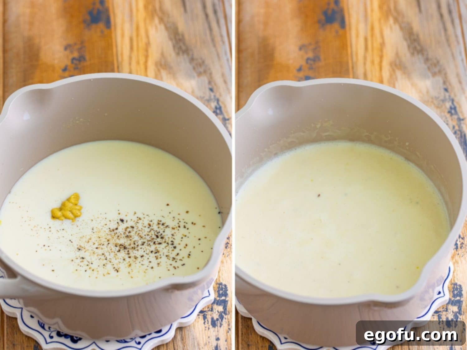 Dijon mustard and black pepper being carefully added to the simmering cream sauce in a saucepan, with the sauce visibly thickening to a perfect consistency.