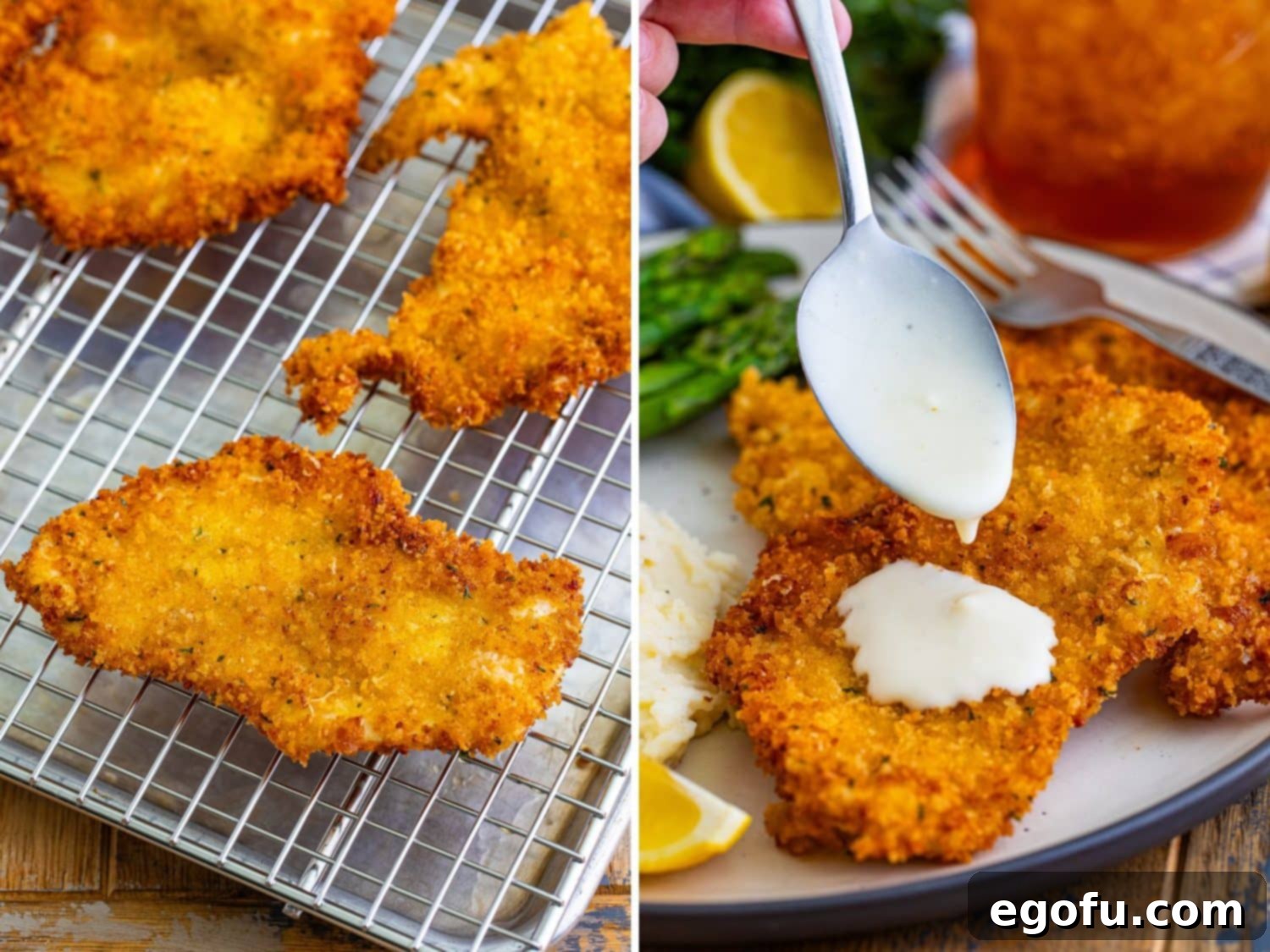 Crispy fried chicken pieces resting on a wire rack positioned above a sheet tray to effectively drain excess oil, with a close-up showing a spoon drizzling the creamy sauce over another piece of Chicken Costoletta.