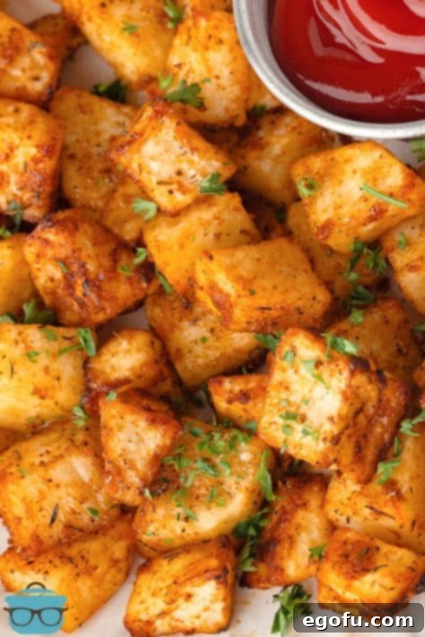 Crispy Air Fryer Breakfast Potatoes 12 Looking down on a pile of Air Fryer Home Fries, golden and ready to serve.