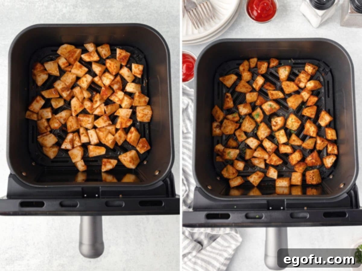 Crispy Air Fryer Breakfast Potatoes 6 Partially cooked potatoes in the Air Fryer basket and a basked of Air Fryer Home Fries, demonstrating the cooking process.