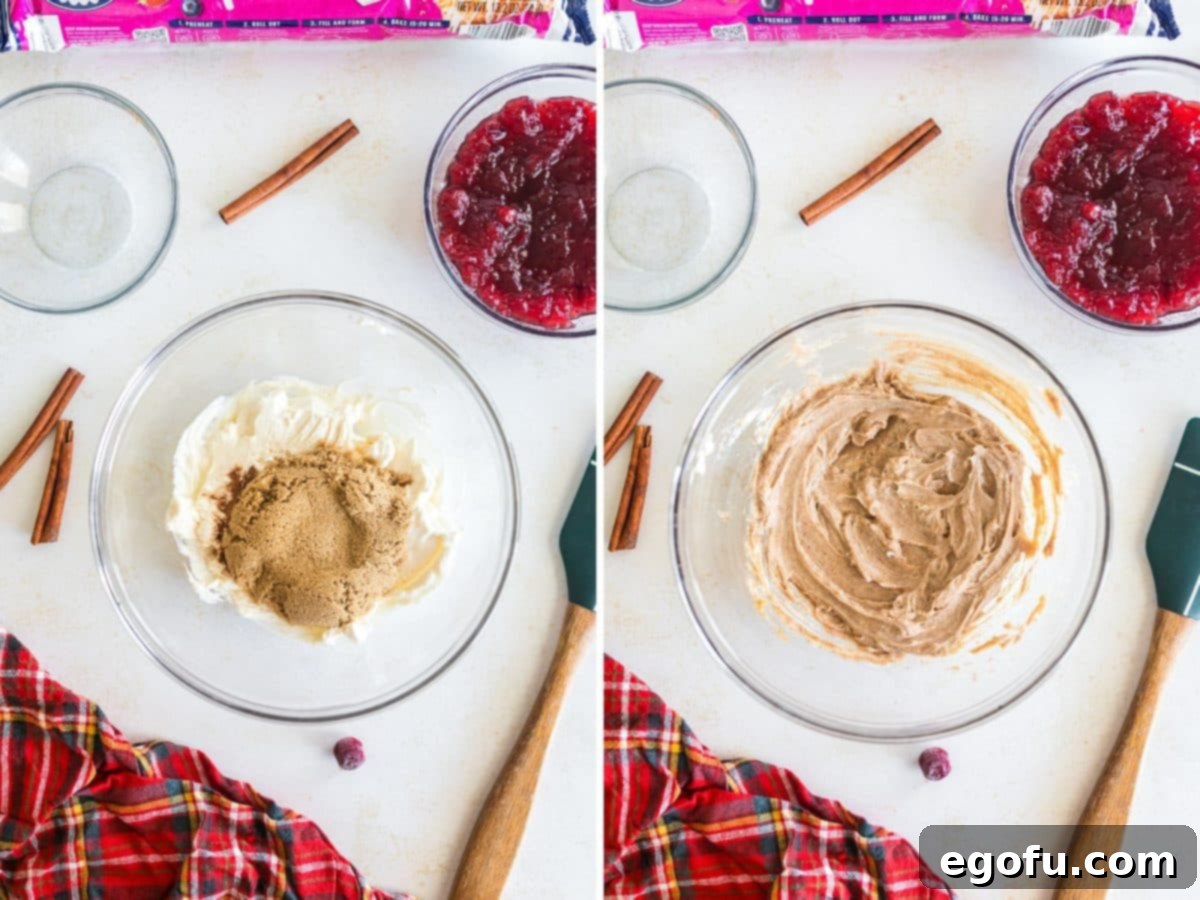 Two images side-by-side: a bowl with cream cheese, brown sugar, and cinnamon before mixing, and another bowl showing the smoothly blended cream cheese mixture.