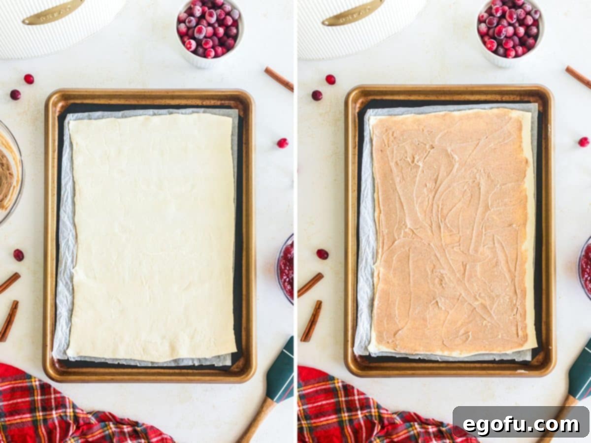 Two images: a sheet of puff pastry rolled out, and the puff pastry with the cream cheese and brown sugar mixture spread evenly on it, leaving a border.