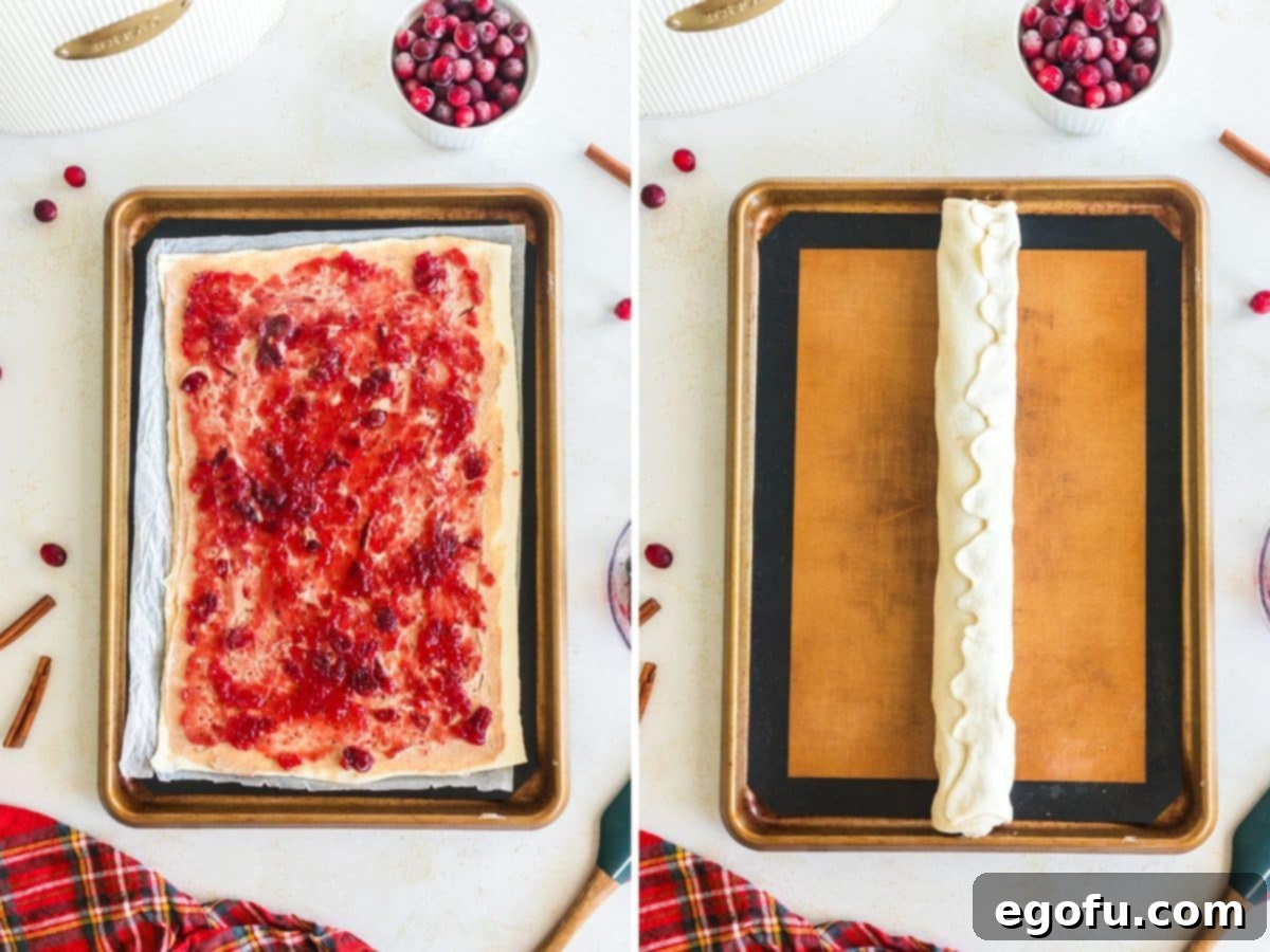 Two images: cranberry sauce being spread over the cream cheese layer on puff pastry, and the puff pastry neatly rolled into a log with the filling inside.