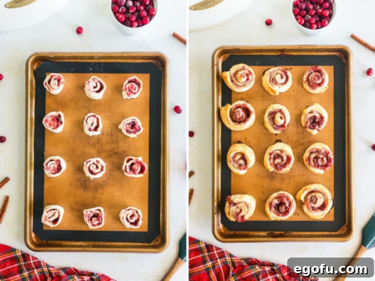 Two images: unbaked Cranberry Pinwheels arranged on a baking sheet, and a tray of freshly baked, golden-brown Cranberry Pinwheels.