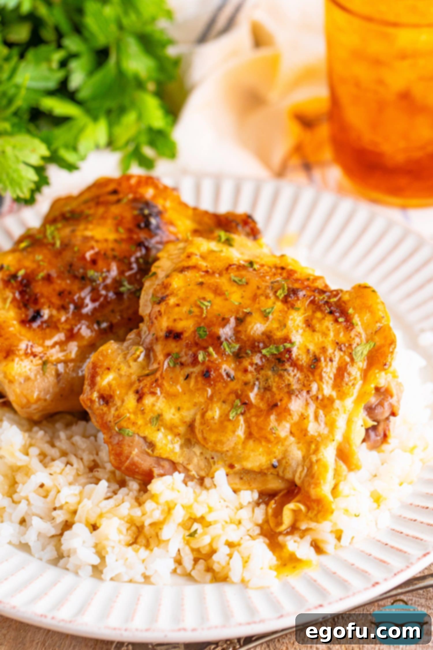 A plate of perfectly cooked Crock Pot Chicken Thighs and Gravy for Two, invitingly served and ready to enjoy.