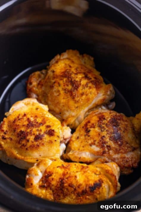 Seared chicken in a slow cooker.