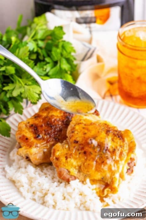 A spoon drizzling some more gravy over Chicken Thighs.