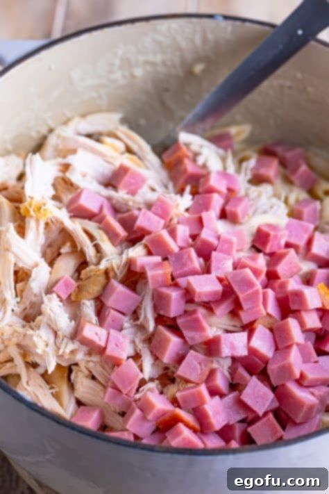 Diced ham and chicken being added to penne and sauce.