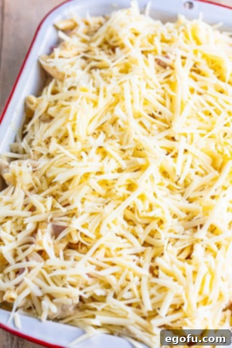 Swiss cheese being added to a casserole.