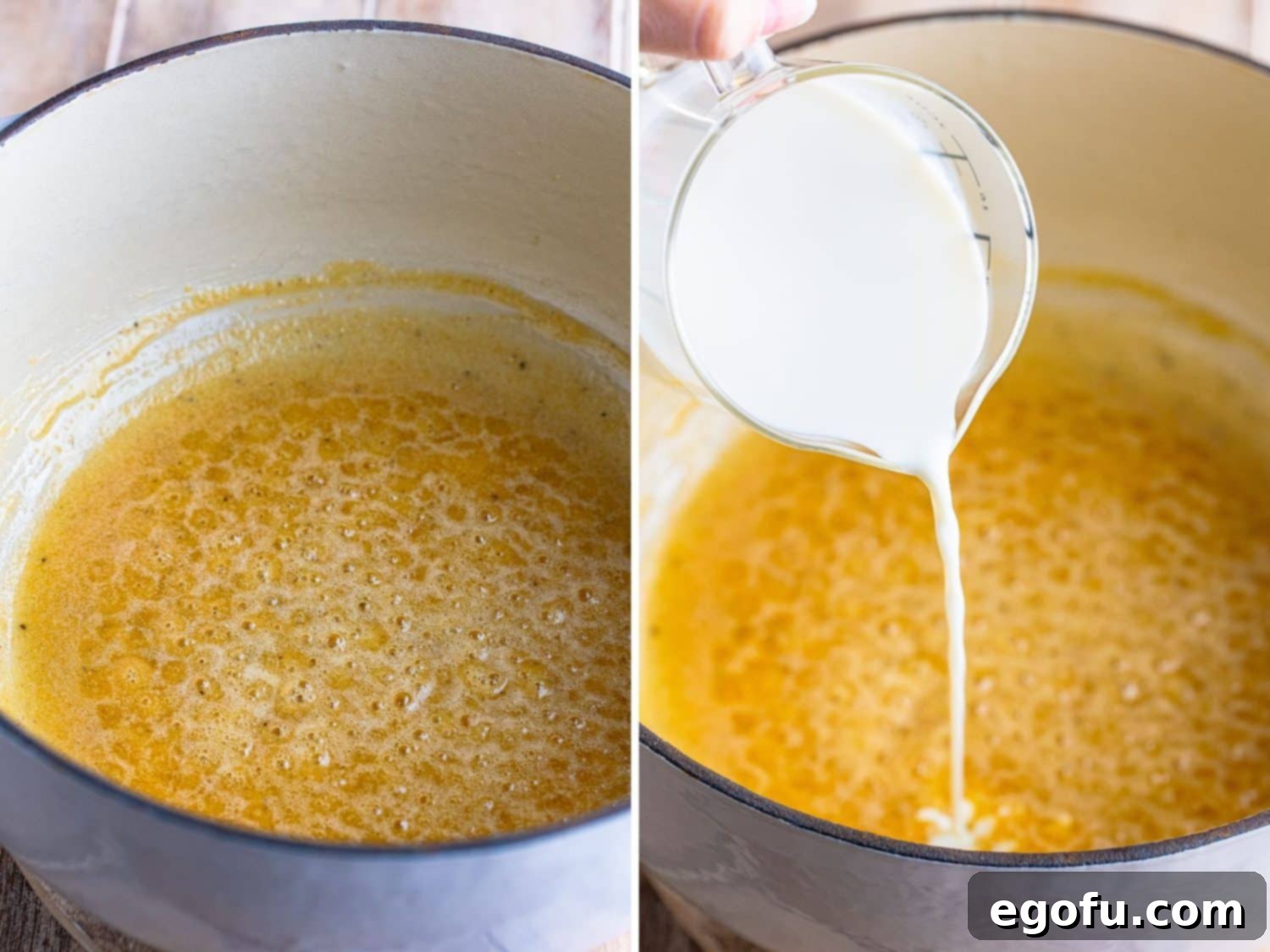 Heavy cream being added to a pot with melted butter and flour, beginning the creamy sauce base.