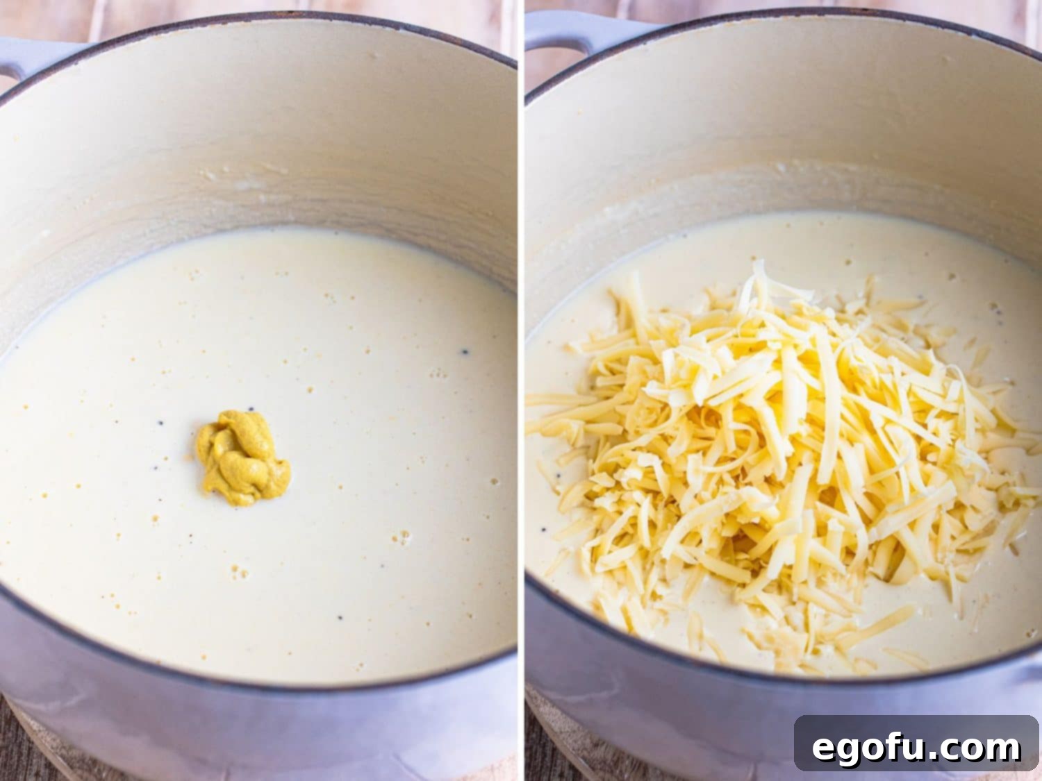 Dijon mustard being added to a creamy sauce in a pot, followed by shredded Swiss cheese being stirred in until melted.