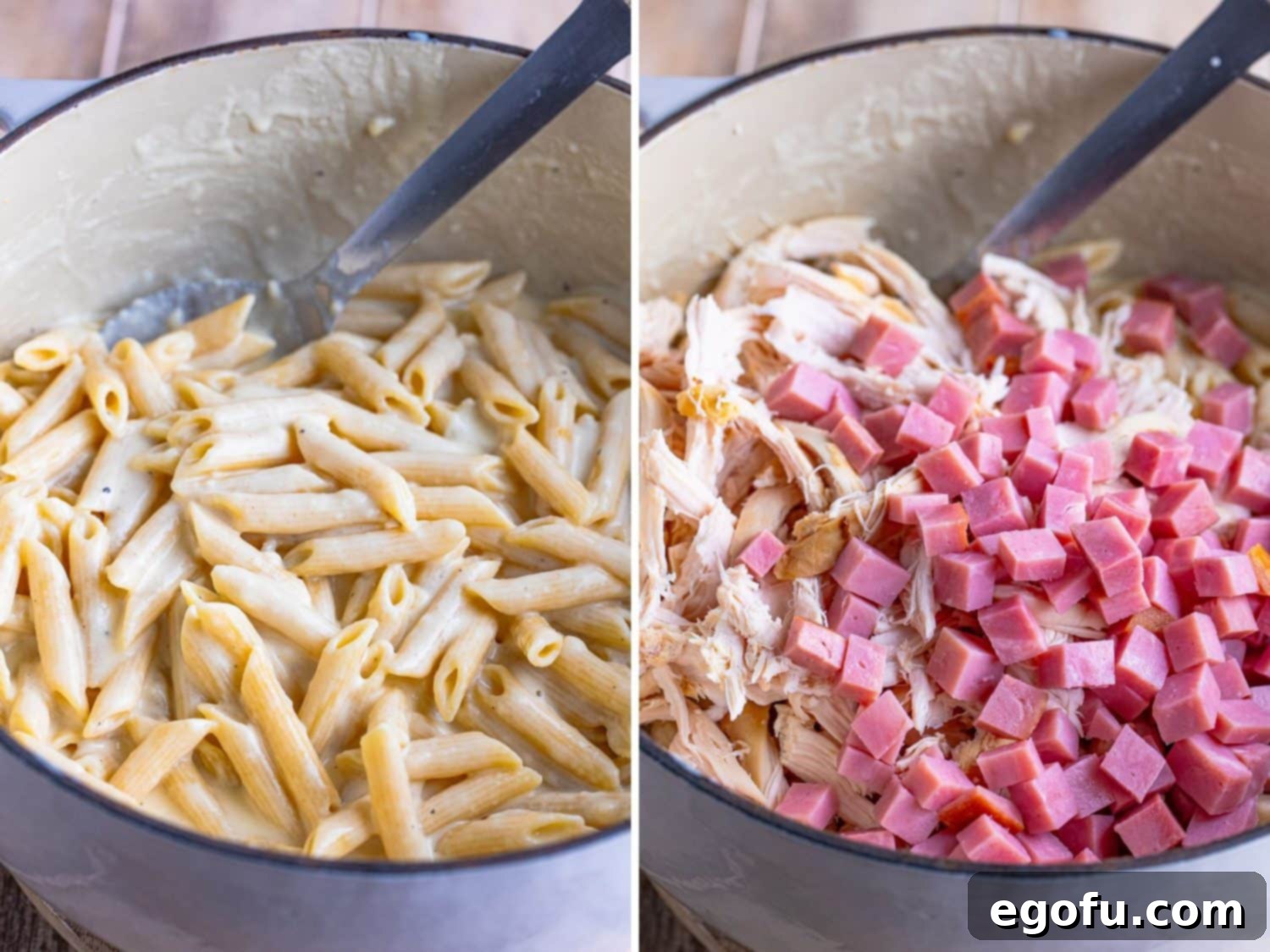 Cooked penne pasta being added to the creamy sauce, then diced ham and shredded chicken are folded in to combine all ingredients.