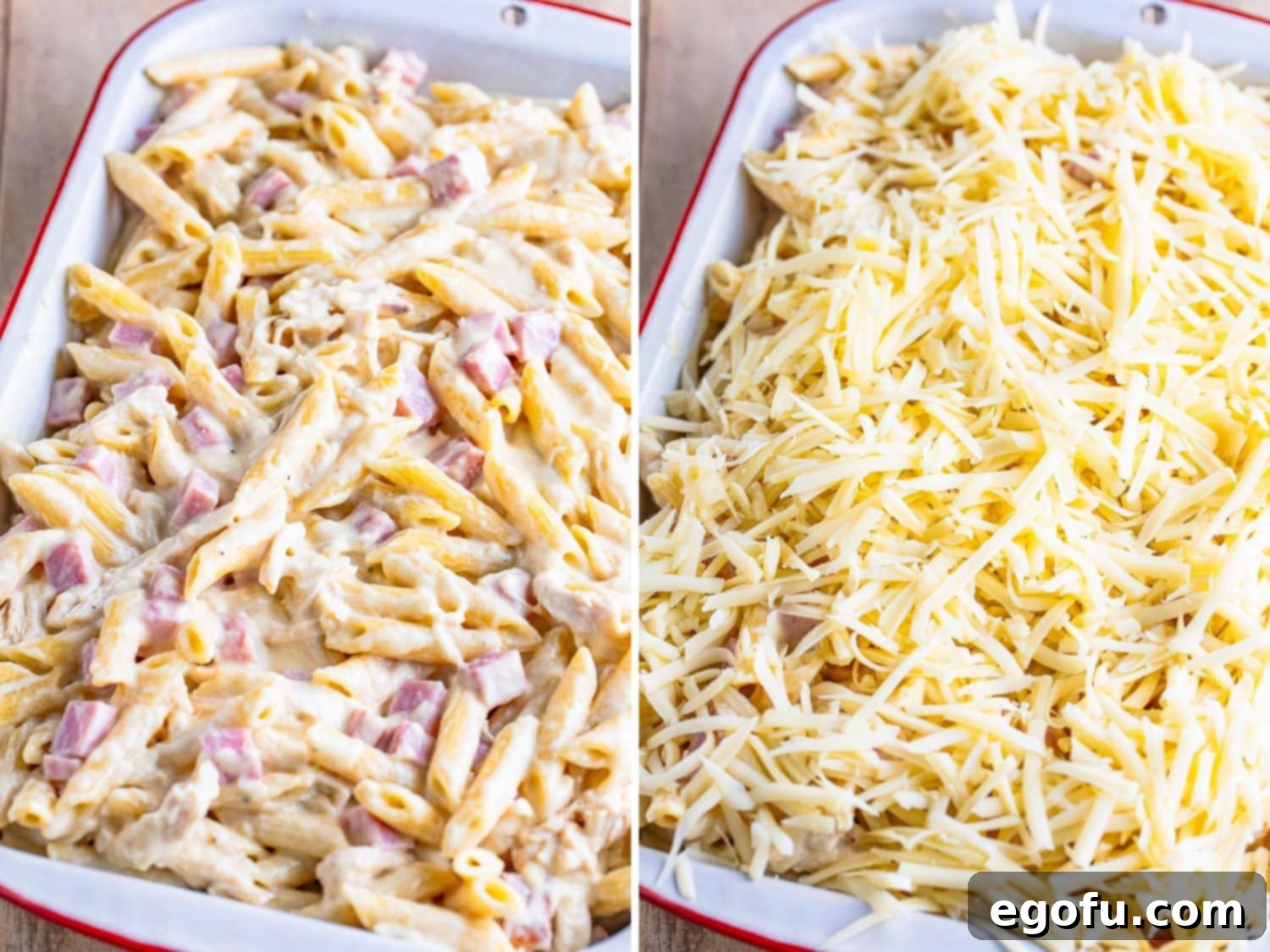 The penne and sauce mixture is transferred into a casserole dish, and a generous layer of shredded Swiss cheese is added on top.