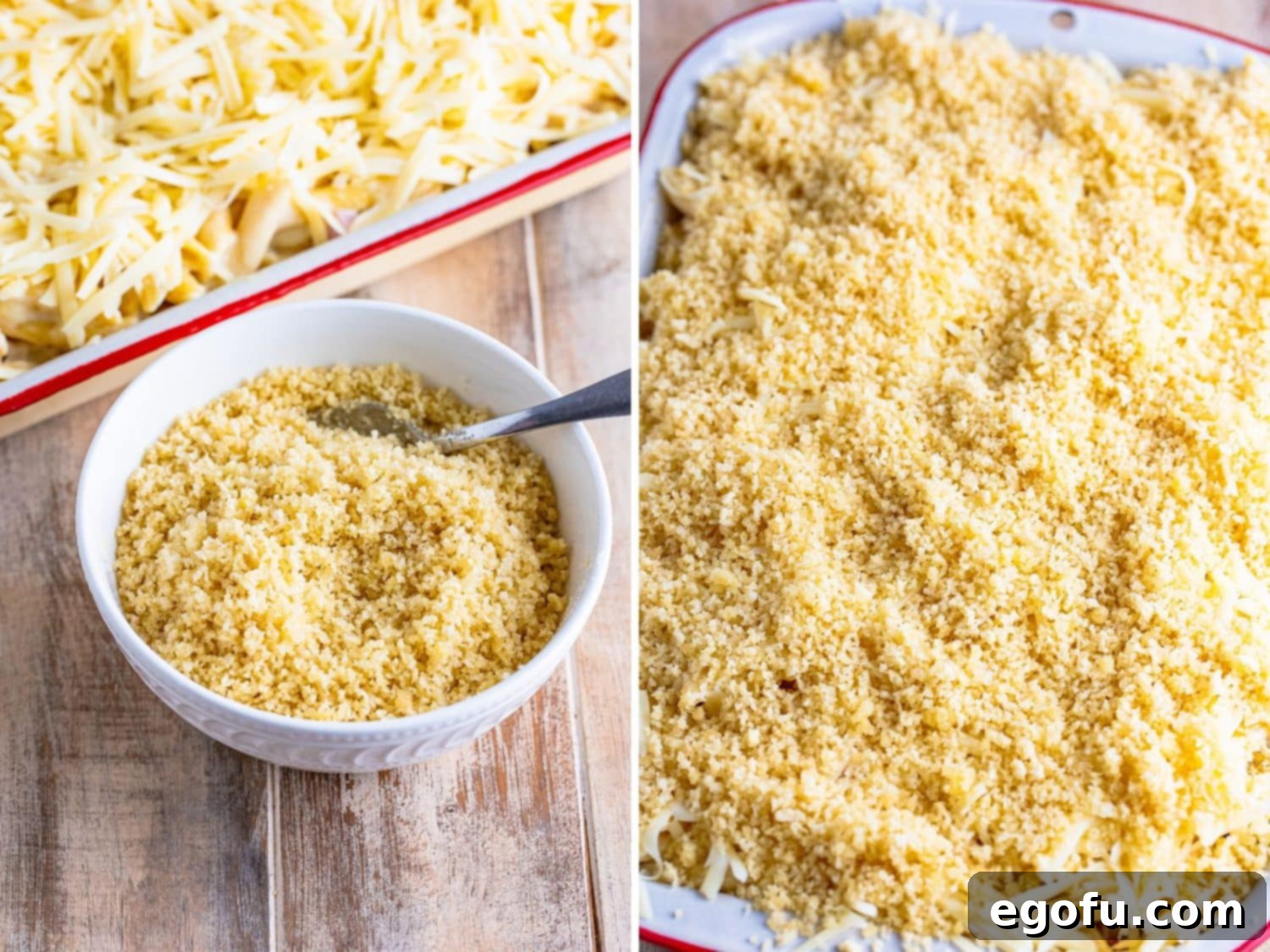 A bowl containing a mixture of Panko breadcrumbs and melted butter, ready to be sprinkled over the casserole before baking.