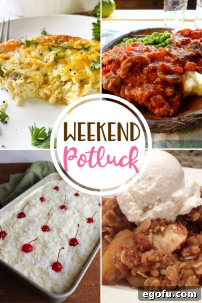 A vibrant collage of featured potluck recipes: a fluffy Scrambled Egg Bake, savory Old Fashioned Swiss Steak, colorful Ambrosia Poke Cake, and a rustic Quick and Easy Apple Crisp, all invitingly presented.
