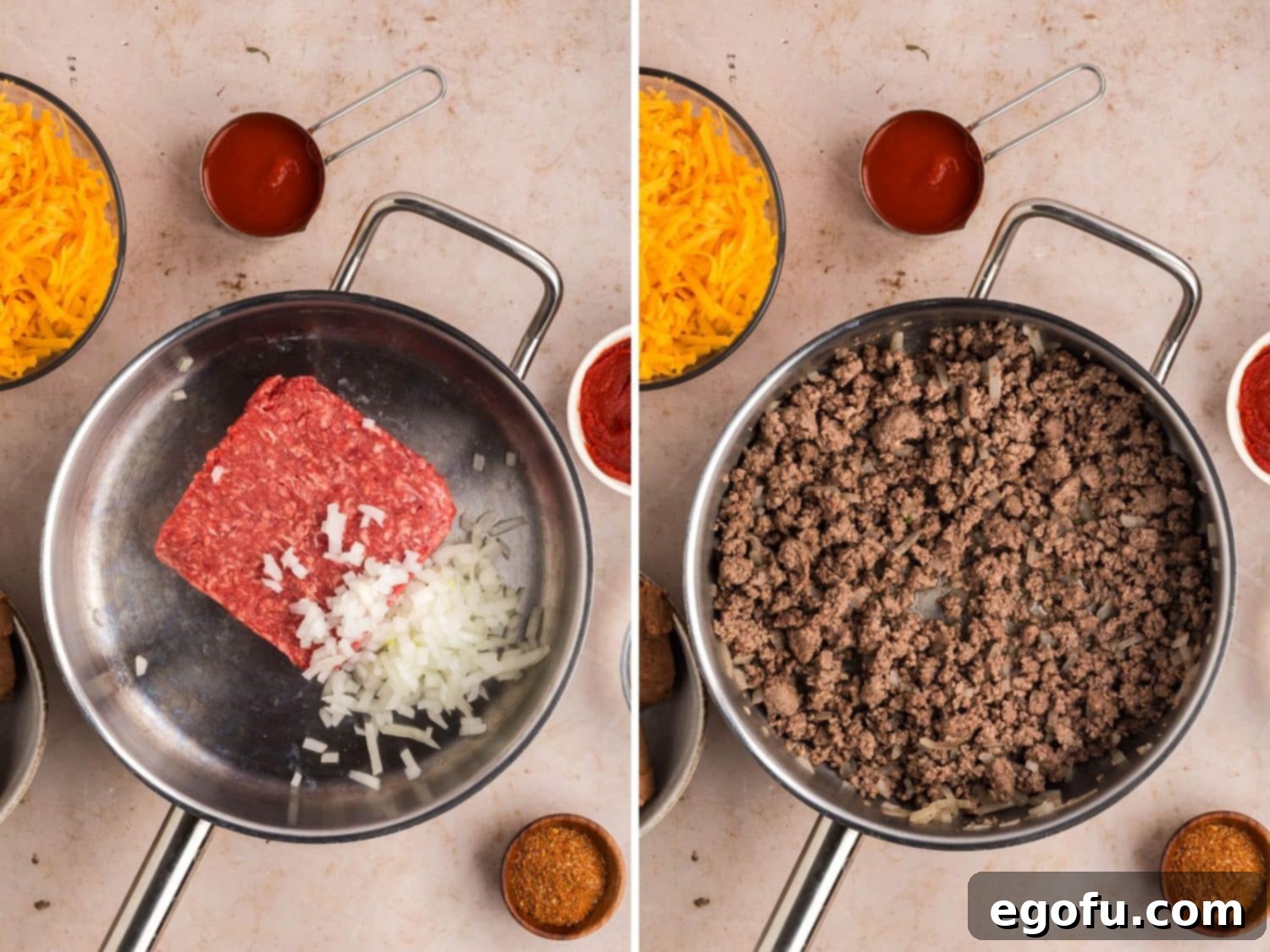 A two-part image showing ground beef and diced onion cooking in a skillet on the left, and fully browned beef and onion on the right, ready for the next step.
