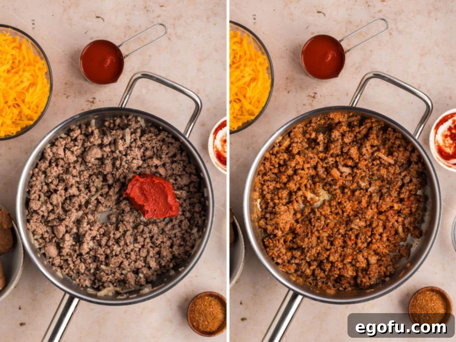 A skillet with a mixture of cooked ground beef and onion, with a scoop of vibrant red tomato paste added in, ready to be stirred.