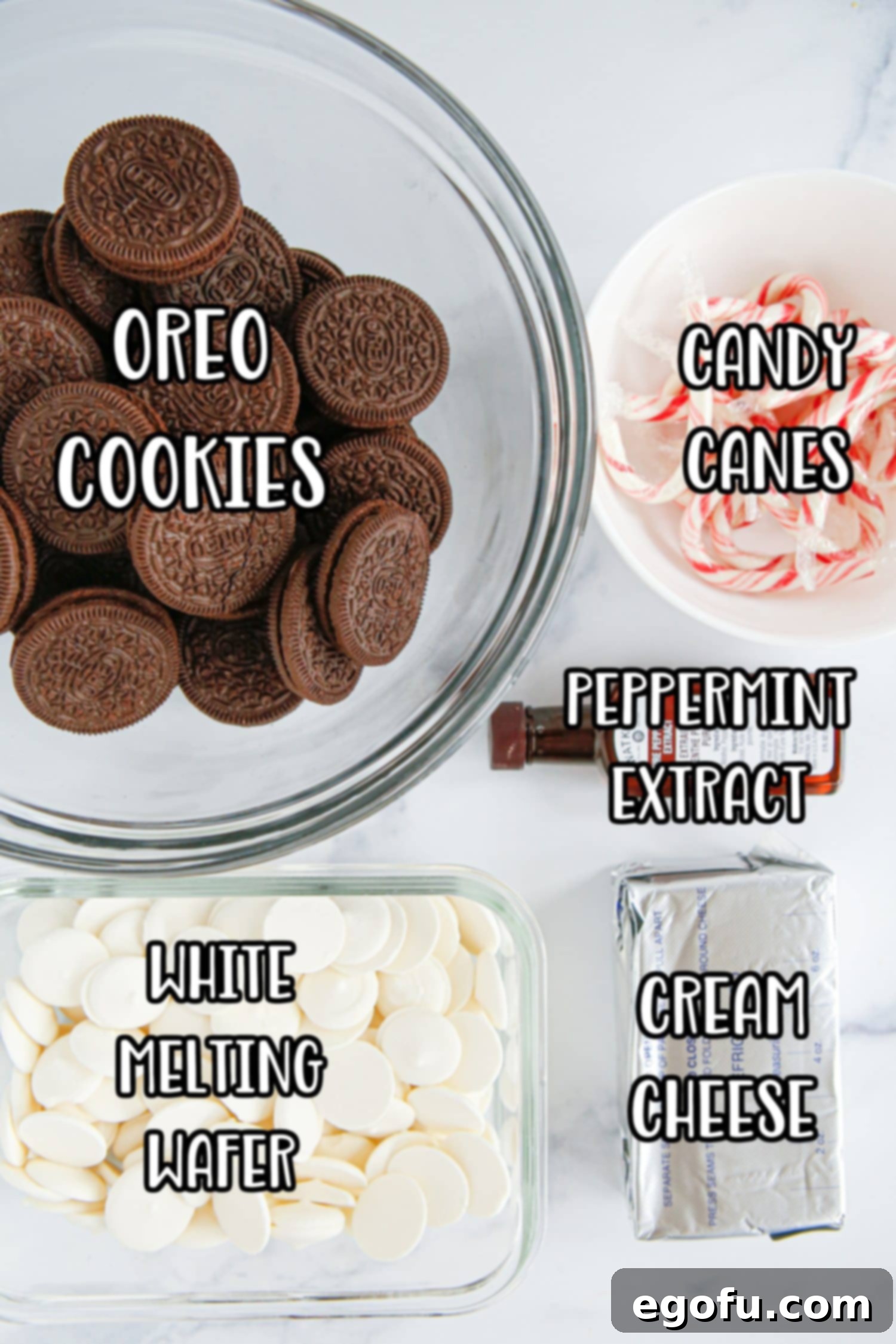 Oreo cookies, crushed candy canes, white melting bark, peppermint extract, and cream cheese.