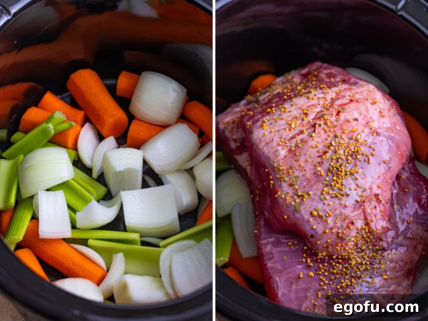 Set-It-and-Forget-It Corned Beef 5 Sliced vegetables (carrots, celery, onion) arranged at the bottom of a slow cooker, creating a flavorful base.