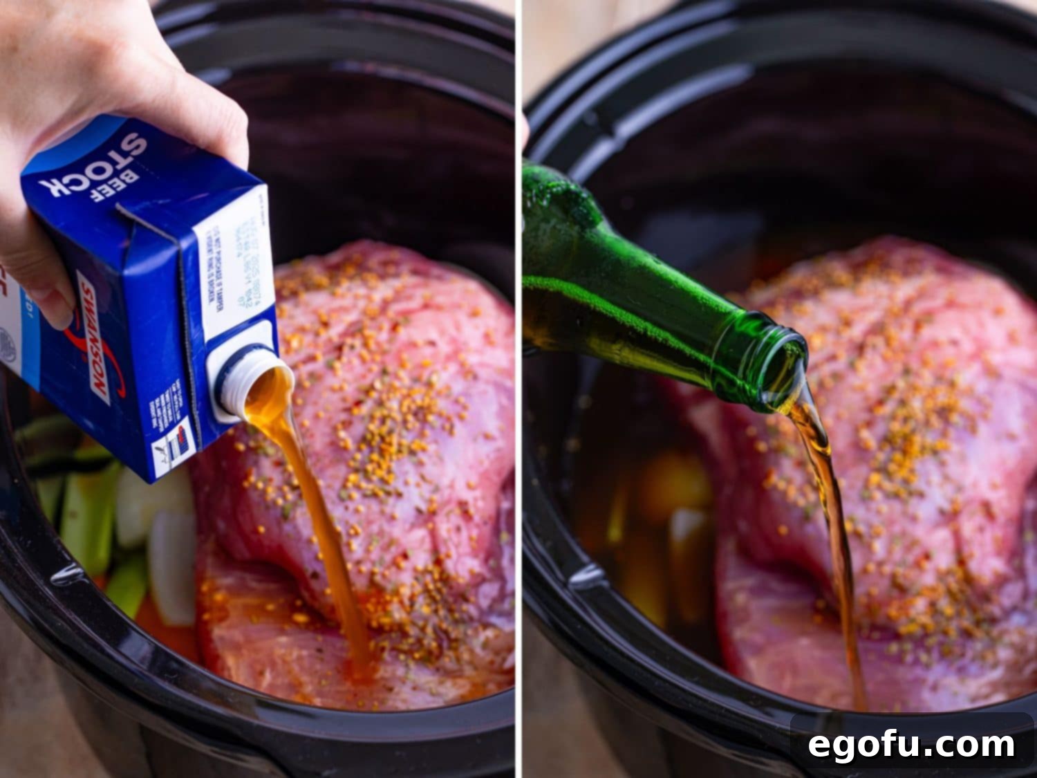 Set-It-and-Forget-It Corned Beef 7 Beef stock being poured into the slow cooker over the corned beef and vegetables, followed by the addition of lager beer.