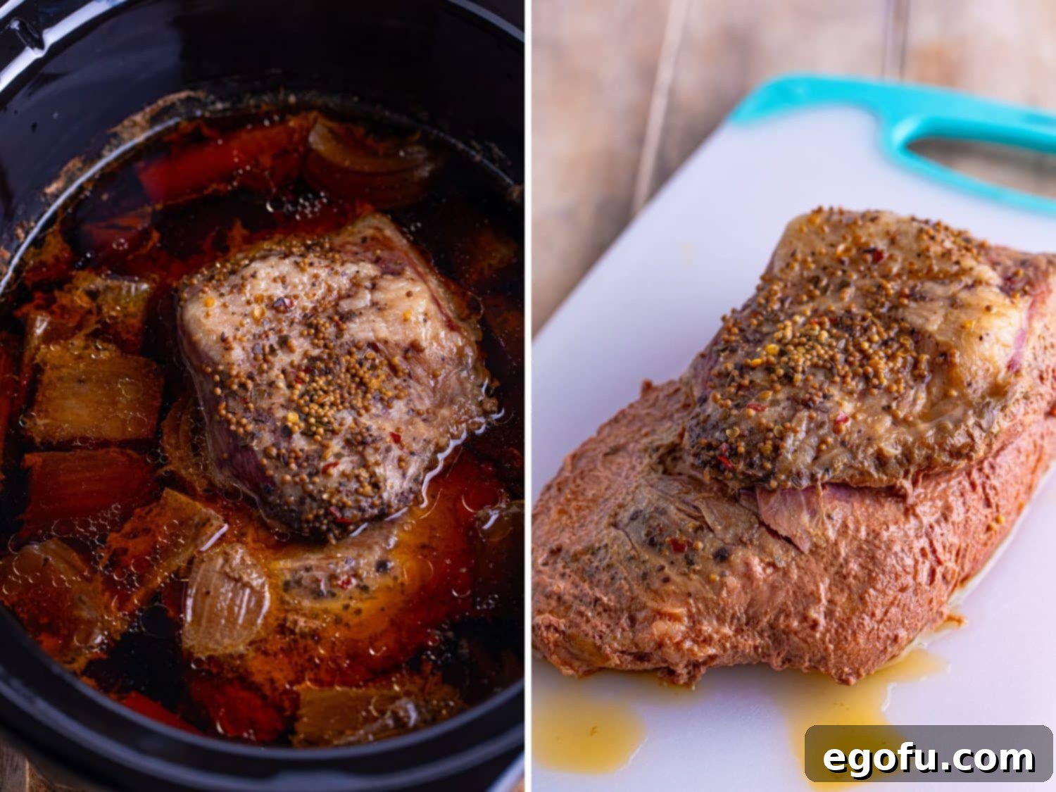 Set-It-and-Forget-It Corned Beef 8 Cooked corned beef brisket being carefully lifted from the slow cooker, with rich cooking liquid remaining in the pot.