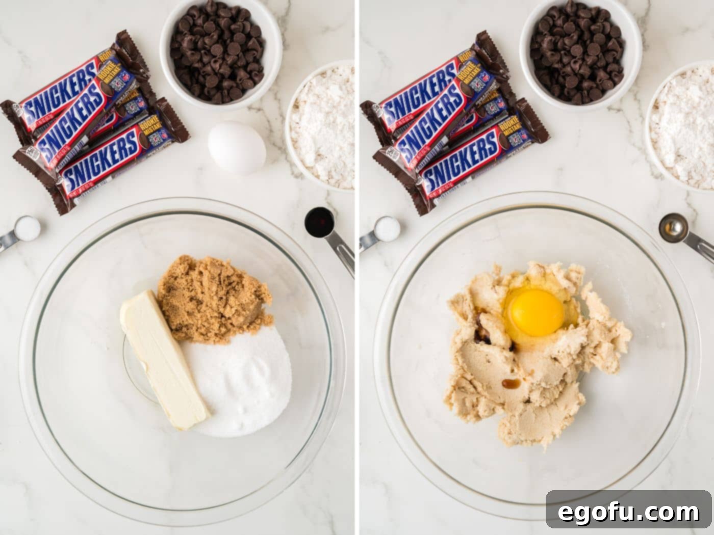 The initial stages of cookie dough preparation: a bowl with butter, granulated sugar and light brown sugar, followed by a bowl with the addition of egg and vanilla extract.