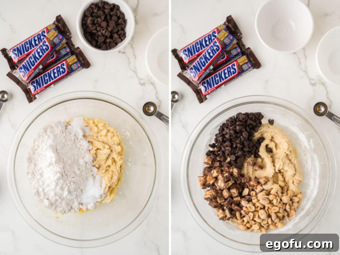 Adding flour, salt, and baking soda to the wet cookie batter, followed by the addition of Snickers, chocolate chips, and peanuts to the cookie dough.