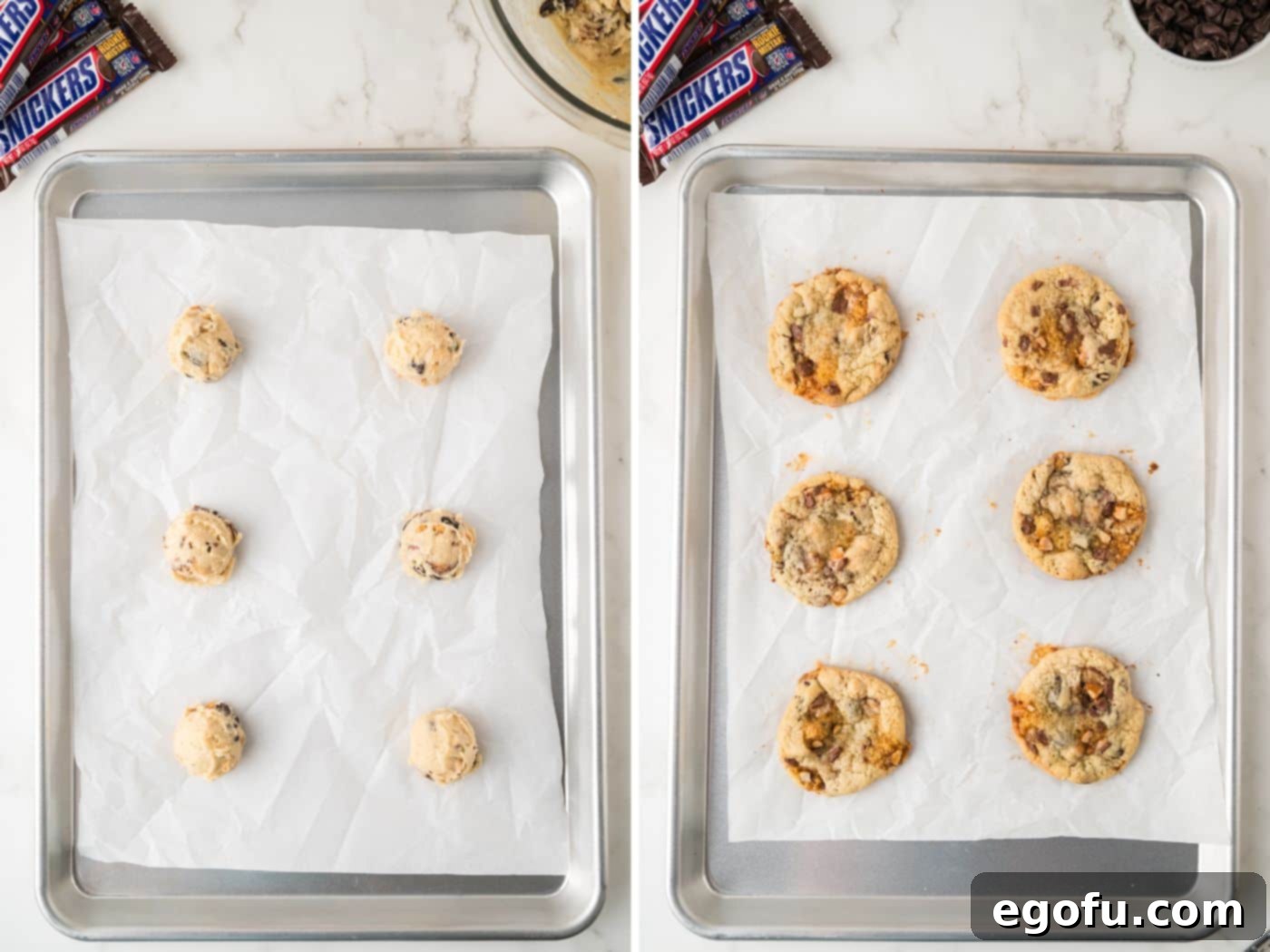 A lined baking sheet with perfectly scooped cookie dough before baking, and a second image showing freshly baked Snickers cookies cooling on the sheet.