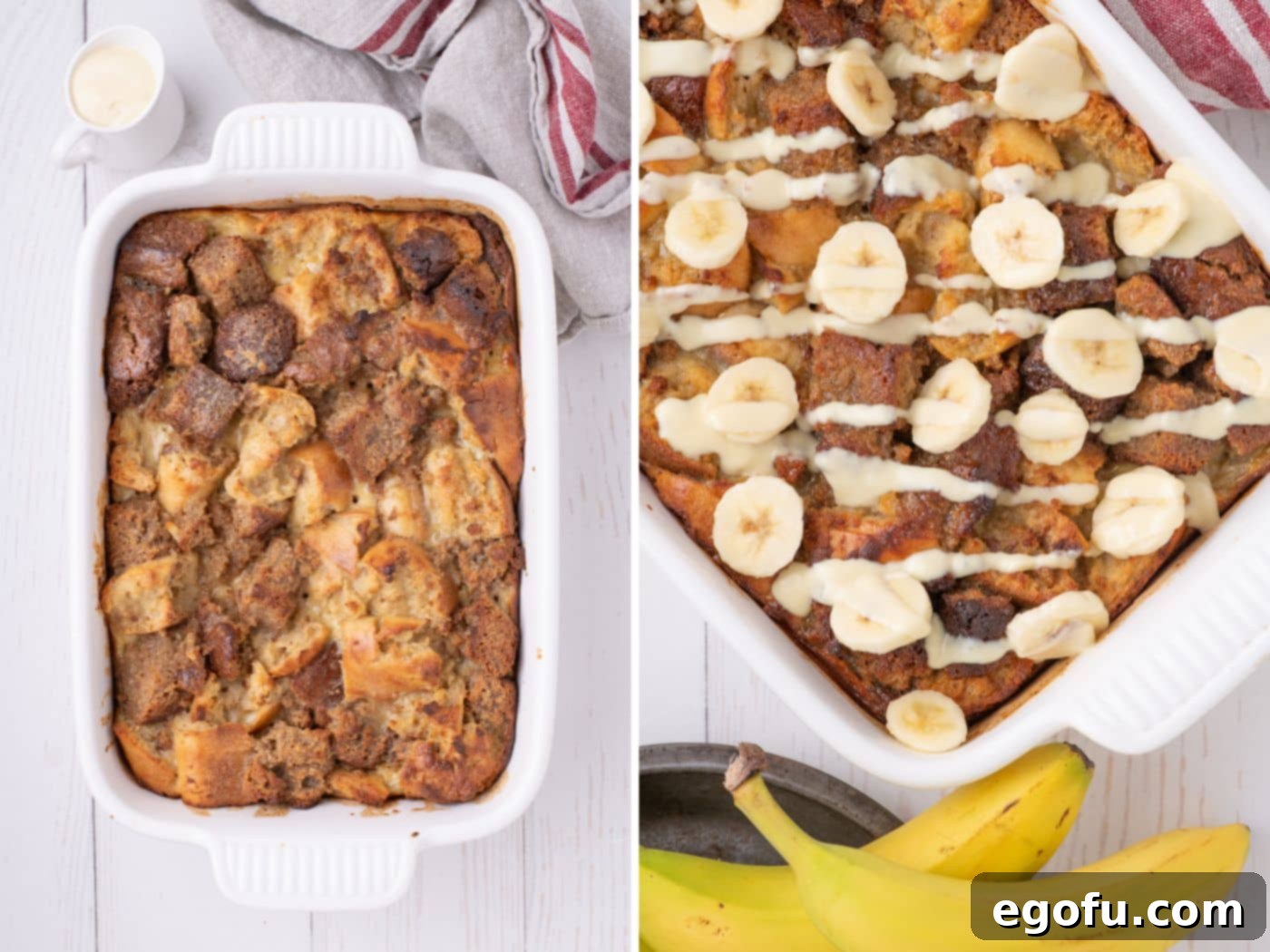 A freshly baked Banana Bread Pudding in its dish, and a close-up of a serving topped with banana slices and a generous drizzle of vanilla sauce.
