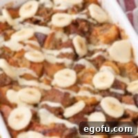 Closely looking down on a pan of Banana Bread Pudding.