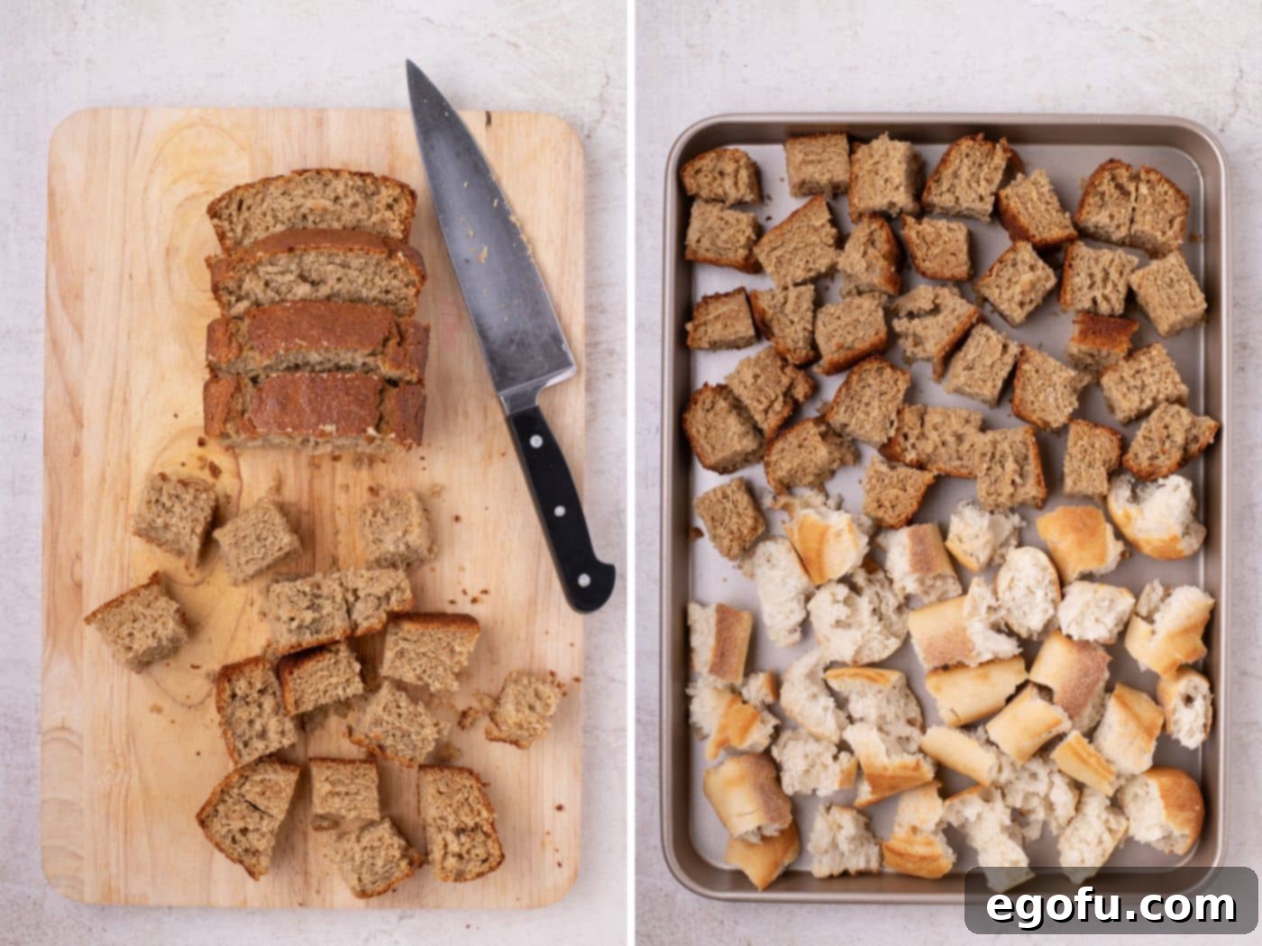 Cubed banana bread on a cutting board next to a baking sheet with cubed banana bread and torn baguette pieces, ready for drying.