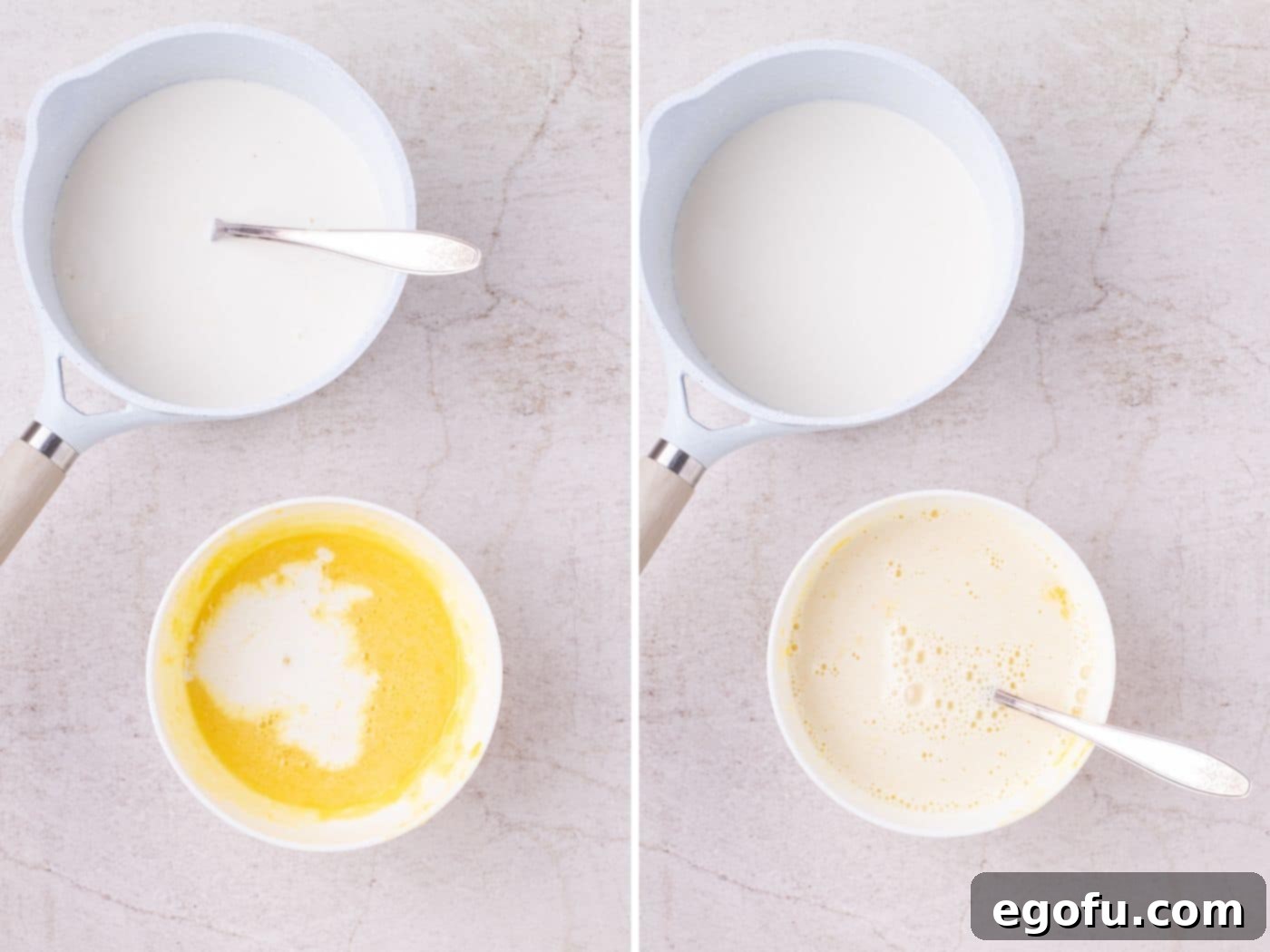 The initial stages of preparing the vanilla sauce, showing cream, milk, vanilla, and salt in a saucepan.