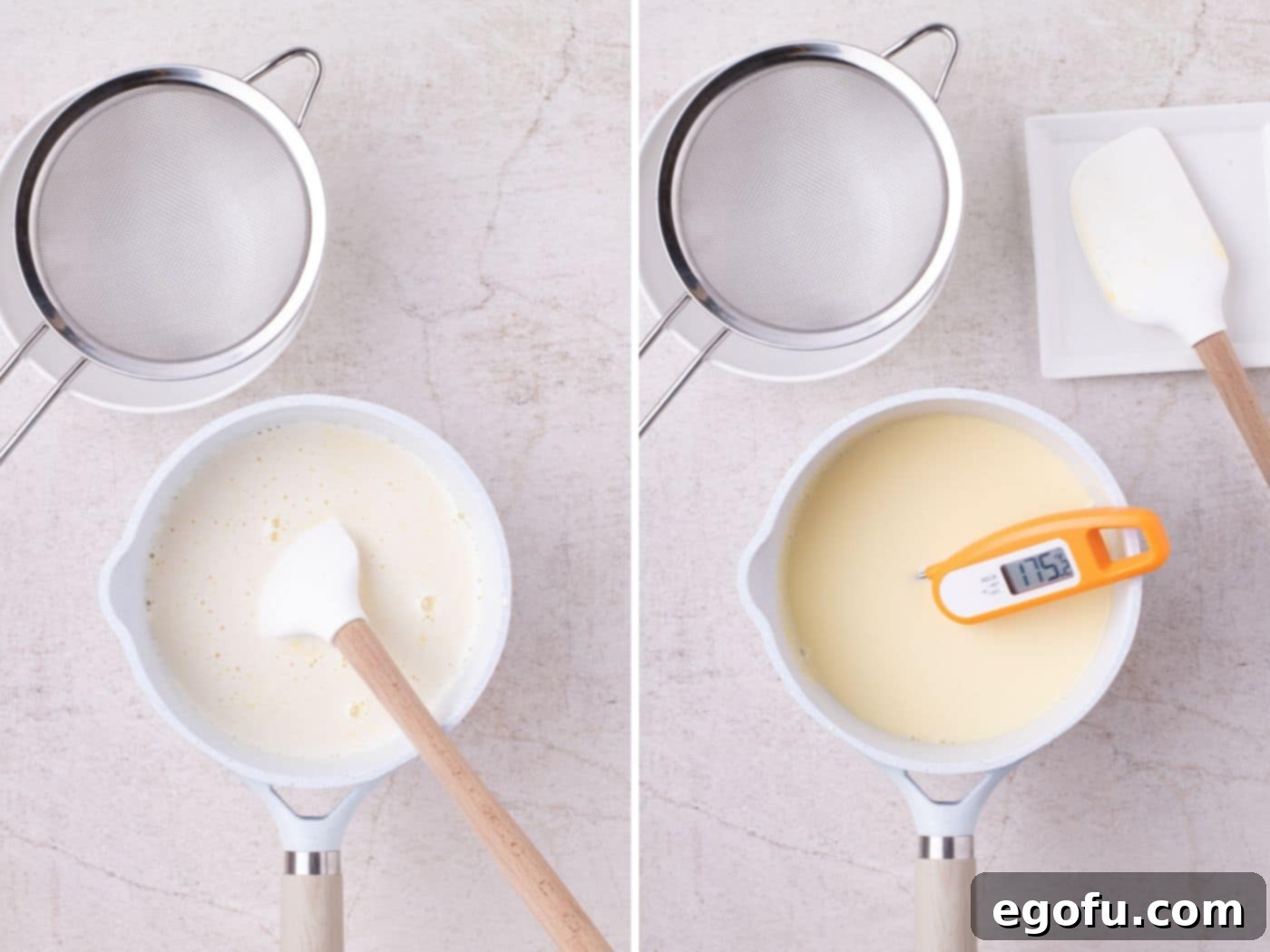 Hot cream mixture being slowly incorporated into egg yolks and sugar, followed by a thermometer checking the temperature of the thickening sauce.